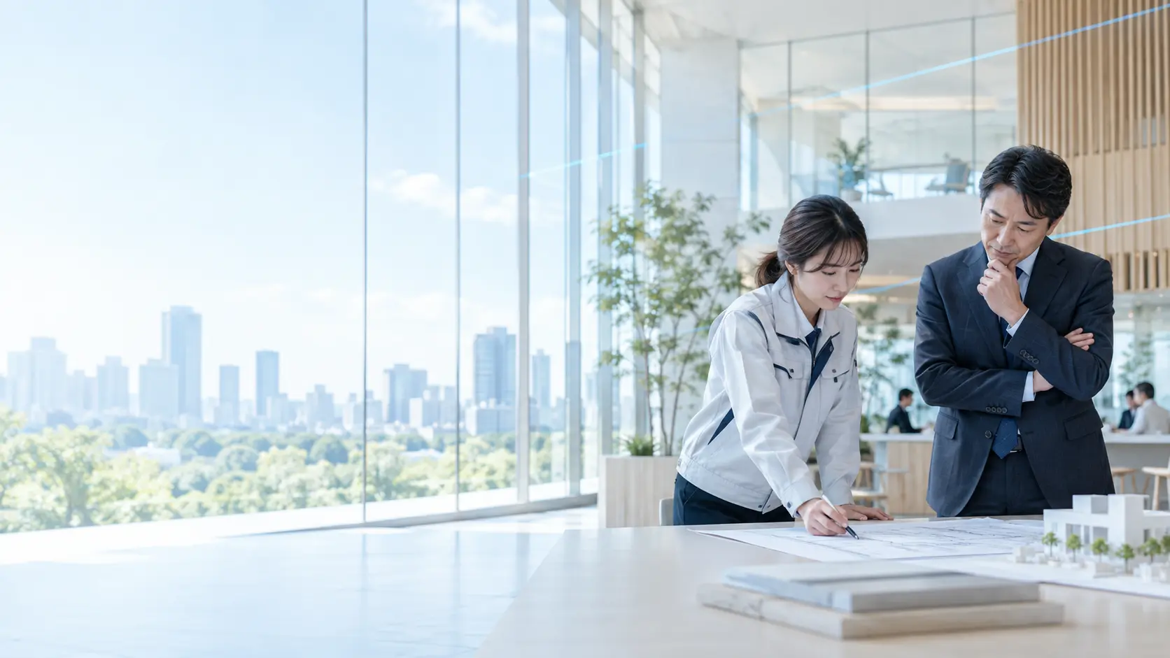 現場担当者と経営層が業務を確認する明るい空間